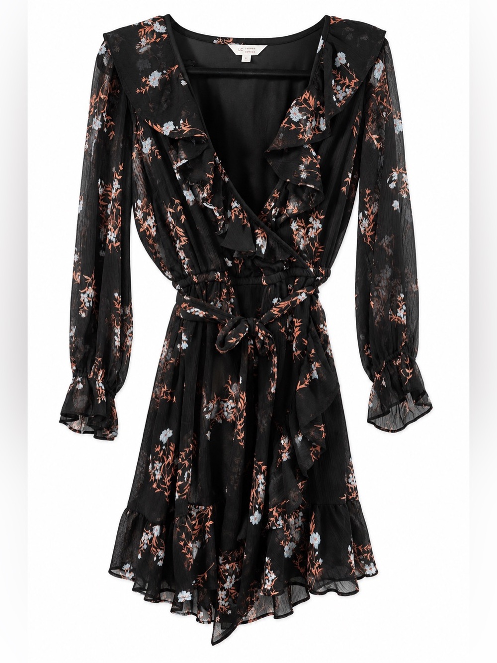 LC Lauren Conrad Floral Chiffon Ruffle Wrap Mini Dress Black Size L